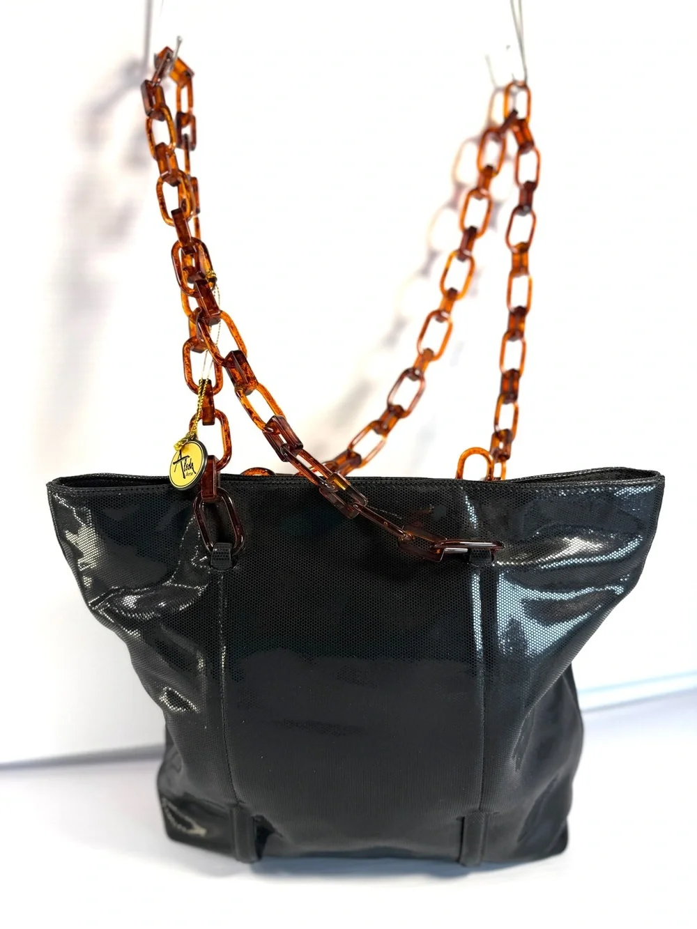 Aleda Patent Black Tote with Tortoise Lucite Chain Straps